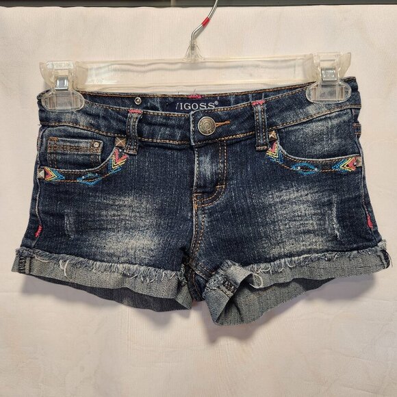 Vigoss Jean Shorts Youth Girls 10 Embroidered Pockets Rolled Cuff Dark Wash - Picture 1 of 8